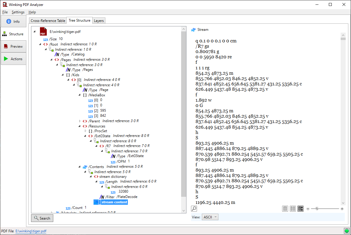 Screenshot PDF Analyzer internal structure view